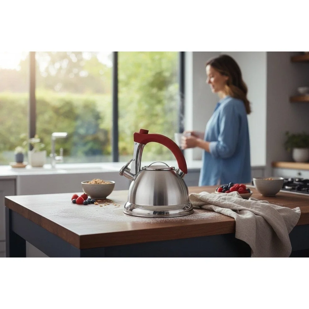 MDC Housewares Whistling Tea Kettle‎ Unisex OS Silver Red NWOT Stainless Steel